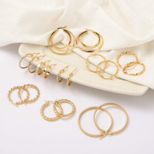 Jinxiuge 12 Pairs Gold Hoop Earrings Set Stainless Steel Twisted Round Small Chunky Hoop Earrings for Women Teen