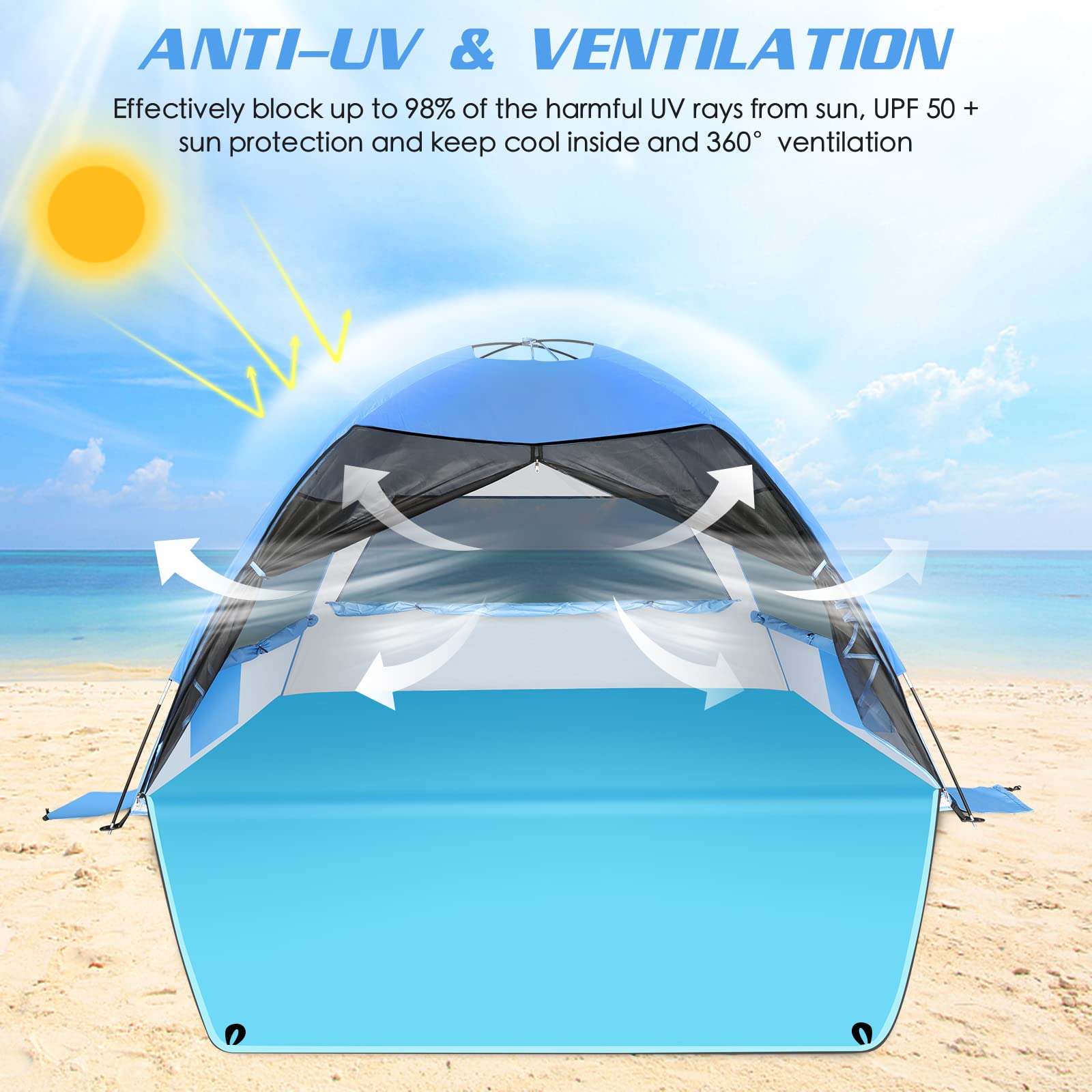 Large Easy Setup Beach Tent,Anti-UV Shelter Canopy Sun Shade with Extended Floor & 3 Mesh Roll Up Windows Fits 3-4 Person,Portable Shade Tent for Outdoor Camping Fishing (Blue)