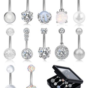 ONESING 12 Pcs 14G Belly Button Rings for Women CZ Opal Navel Rings Belly Barbells Stainless Steel Body Piercing Jewelry