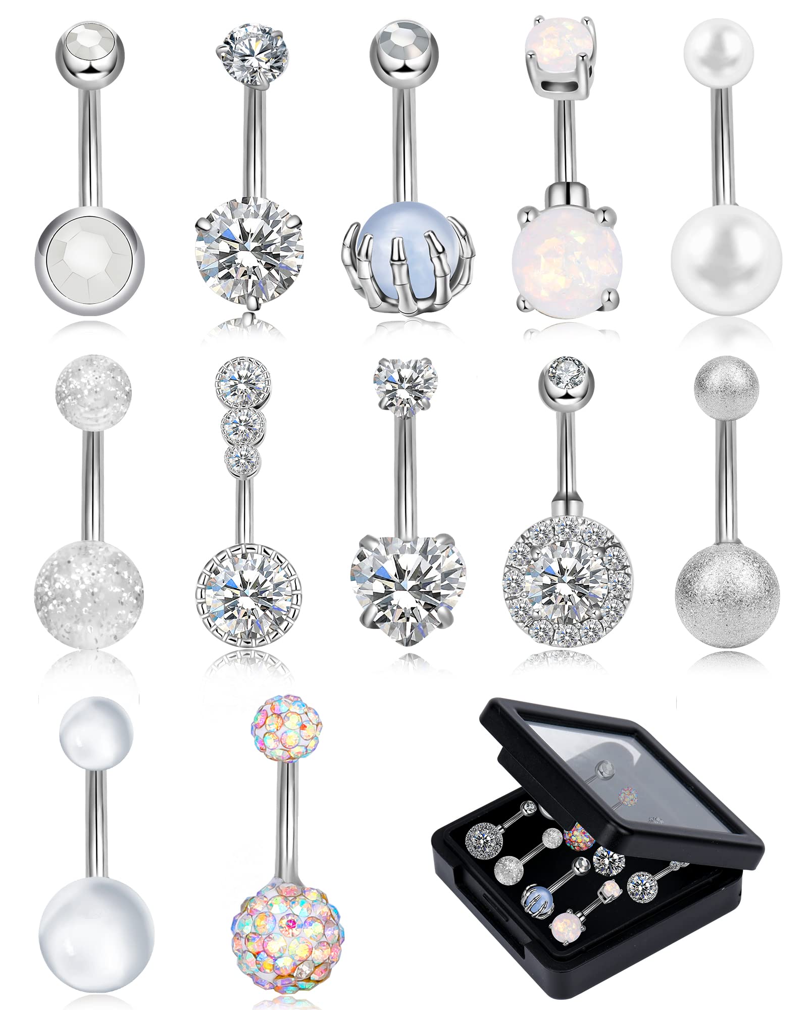 ONESING 12 Pcs 14G Belly Button Rings for Women CZ Opal Navel Rings Belly Barbells Stainless Steel Body Piercing Jewelry