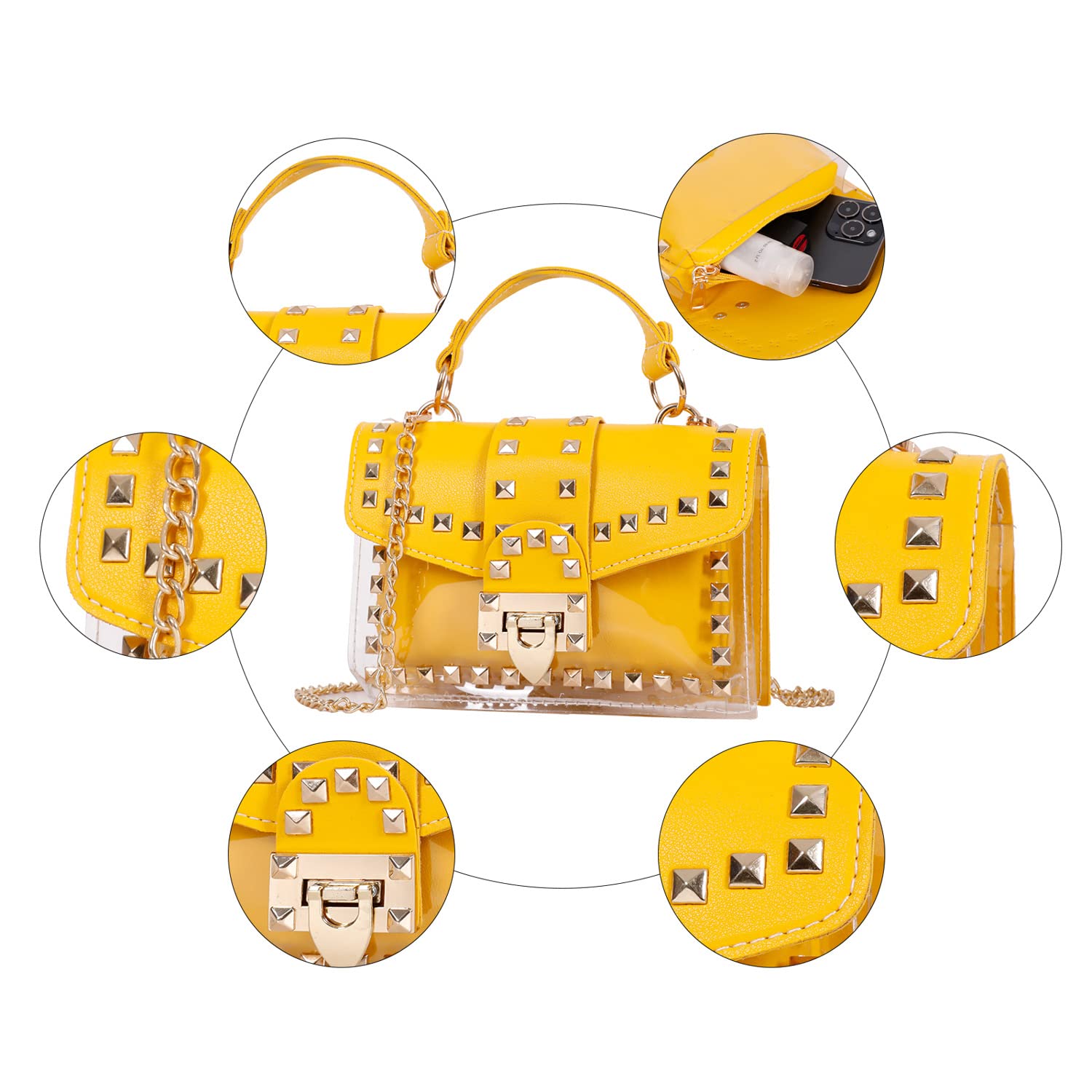 Qiayime Womens Fashion Purses and Handbags Shoulder Bag Ladies Rivet PVC Jelly Purse Designer Satchel Messenger Tote Bag (yellow)