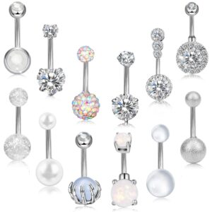 ONESING 12 Pcs 14G Belly Button Rings for Women CZ Opal Navel Rings Belly Barbells Stainless Steel Body Piercing Jewelry