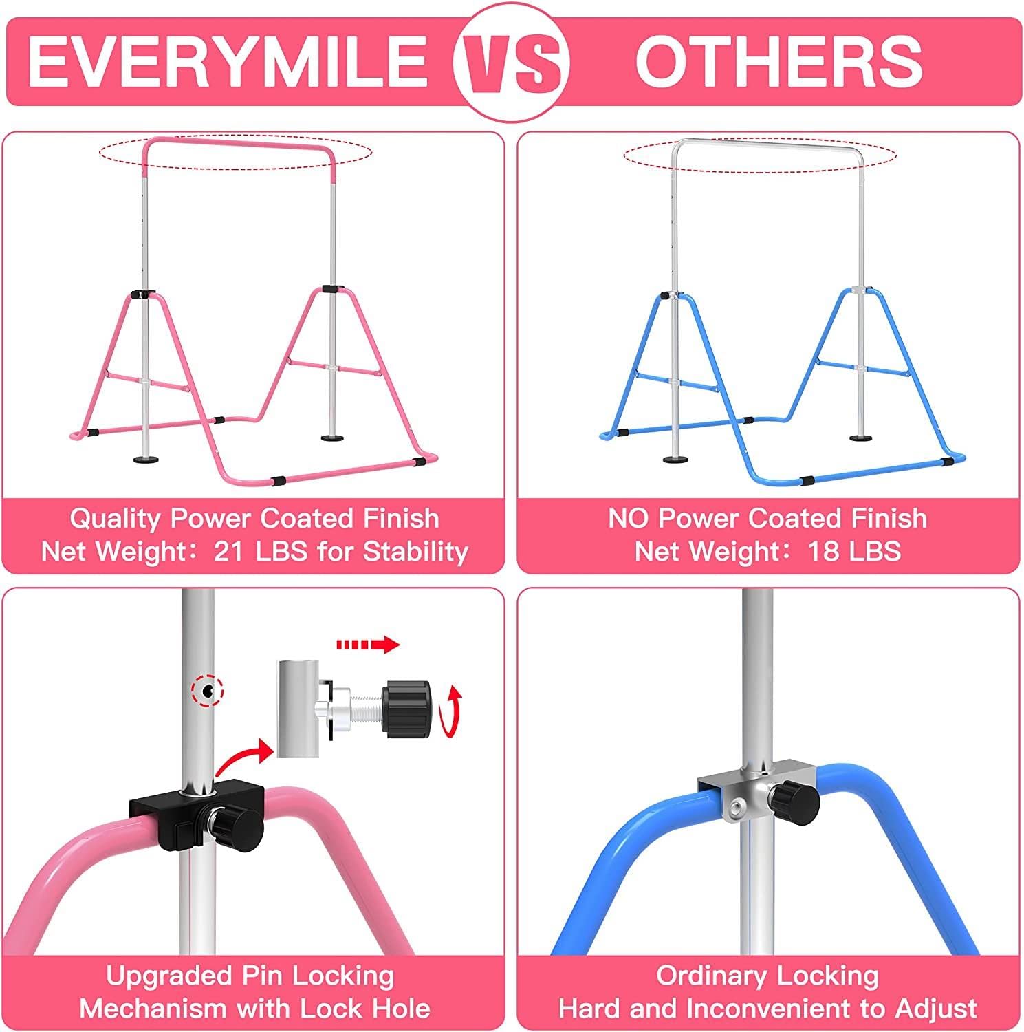 EVERYMILE Gymnastics Bars for Home, Adjustable Height Folding Horizontal Bars, Junior Training Kip Bar Expandable Gym Equipment, Monkey Bar with Gymnastics Rings for Kids Gifts