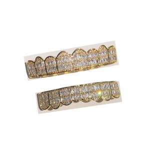 14k Iced Baguette Set 8 Teeth Joker Gold Grillz for Mouth Top Bottom Hip Hop Teeth Grills for Teeth Mouth Grillz for Mouth Top Bottom (Gold)