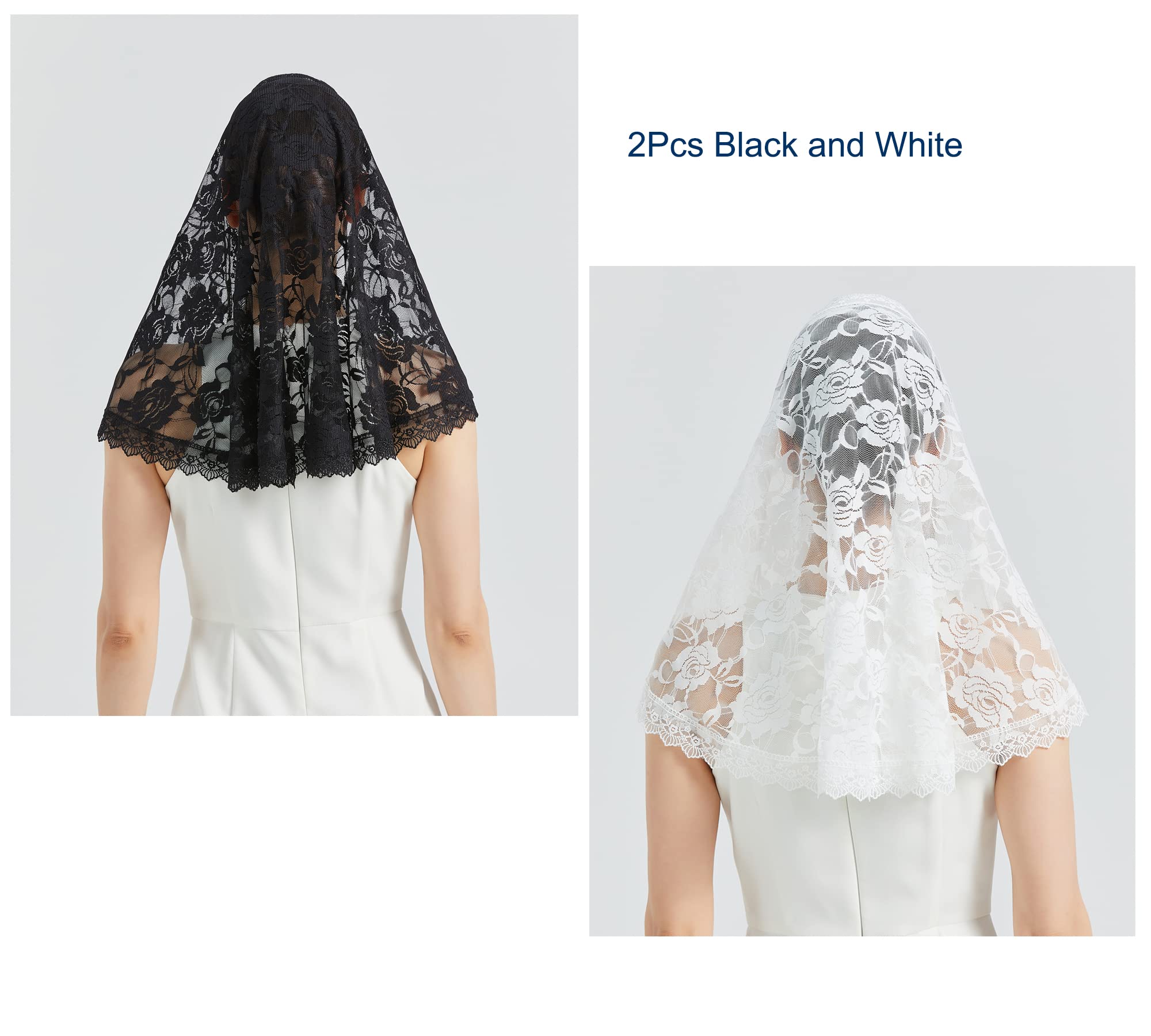 Grettytling Lace Mantilla Veil Soft and comfortable 7 Colors Spanish Style Rose Lace Veil Head Covering D Shape ， 2pcs Black&white