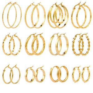 Jinxiuge 12 Pairs Gold Hoop Earrings Set Stainless Steel Twisted Round Small Chunky Hoop Earrings for Women Teen