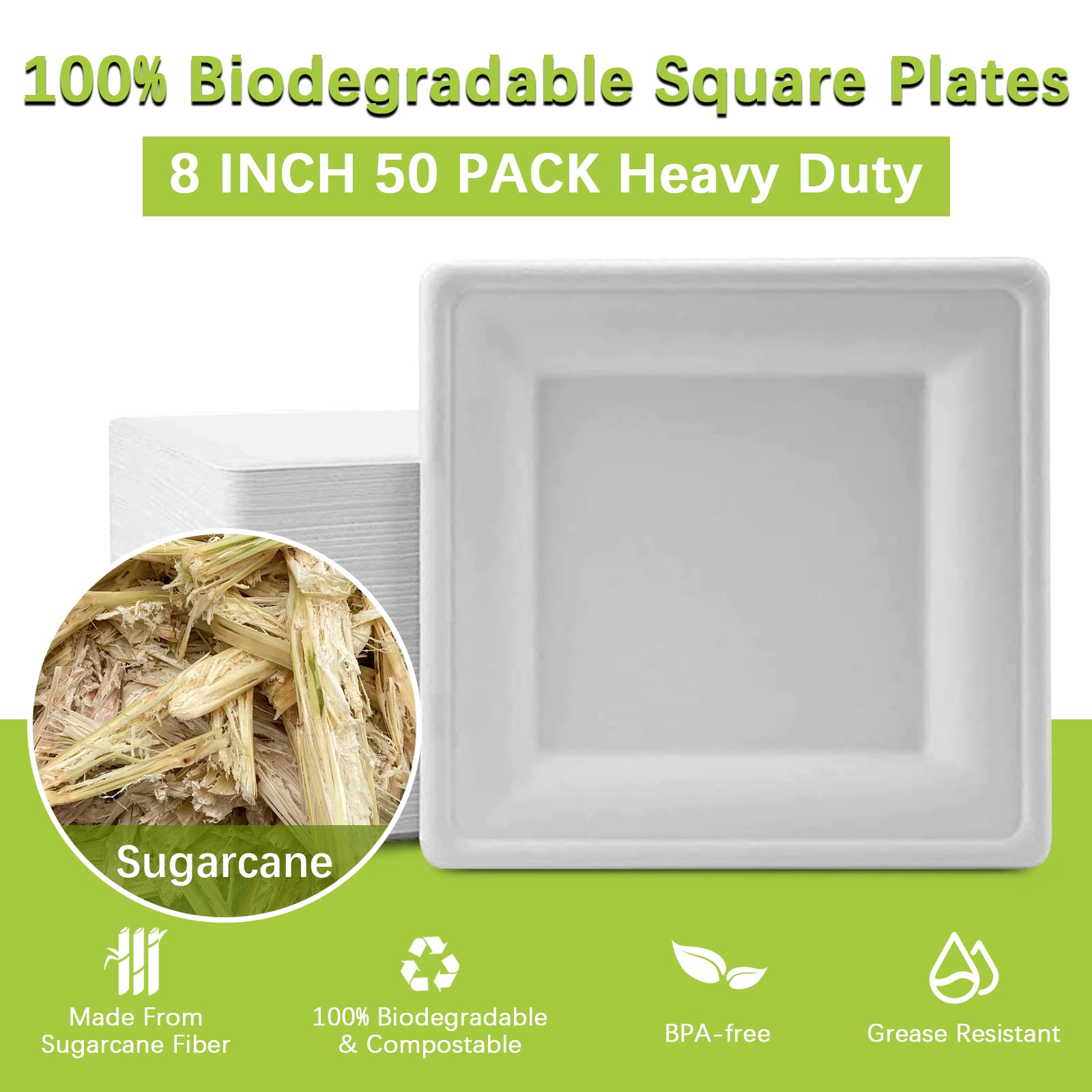 BangShou 50 Piecs 8 Inch Square Paper Plates, Heavy Duty Disposable Plate,100% Compostable Sugarcane Appetizer Plates, Large Sturdy Disposable Paper Plates for Dinner Party,BBQ,Birthday