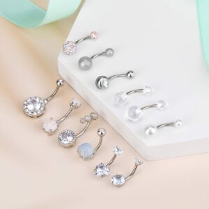 ONESING 12 Pcs 14G Belly Button Rings for Women CZ Opal Navel Rings Belly Barbells Stainless Steel Body Piercing Jewelry