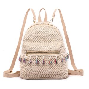 meyaus women small tassels pearl zipper straw woven backpack daypack convertible cross-body shoulder bag