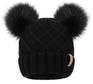 arctic paw winter cable knit fleece lined pom pom beanie for women black