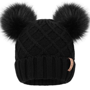 Arctic Paw Winter Cable Knit Fleece Lined Pom Pom Beanie for Women Black