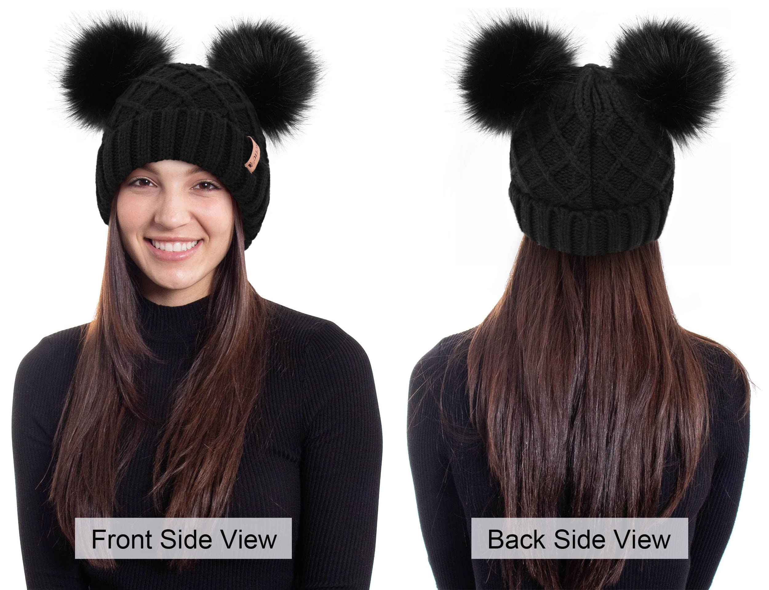 Arctic Paw Winter Cable Knit Fleece Lined Pom Pom Beanie for Women Black