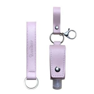 PUEZOKLY Pink keychain Gift Set for Woman Car keys with Card Holder PU Wristlet Lanyard Pom Pom Ball,Travel Bottle Holder