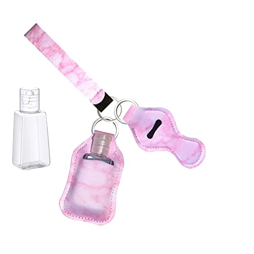 PUEZOKLY Pink keychain Gift Set for Woman Car keys with Card Holder PU Wristlet Lanyard Pom Pom Ball,Travel Bottle Holder