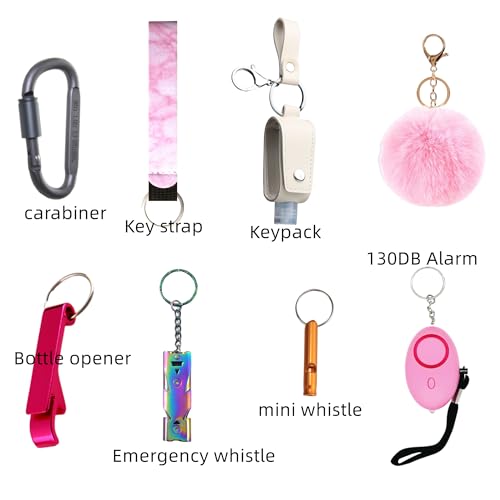 PUEZOKLY Pink keychain Gift Set for Woman Car keys with Card Holder PU Wristlet Lanyard Pom Pom Ball,Travel Bottle Holder