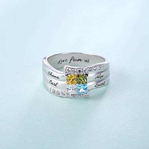 AILIN Custom Mom Rings 925 Sterling Silver Personalized 4 Square Birthstones And Names Rings Family Mothers Day Daughter Jewelry Gifts For Mommy Grandmom