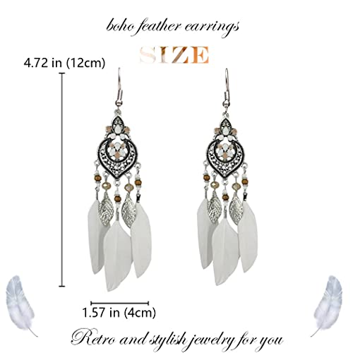 VFlowee Bohemian Earrings Feather Tassel Silver Ethnic Drop Earrings Retro Boho Dangle Earring Bead Women Teen Girls Jewelry for Birthday Party Gifts