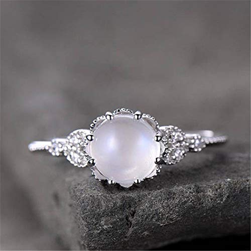 Kuyiuif 925 Sterling Silver Moonstone Ring Fire Opal Diamond Ring Transparent Elegant Moonstone Luxury Engagement Cocktail Party Wedding Band Rings for Women (US Code 9)