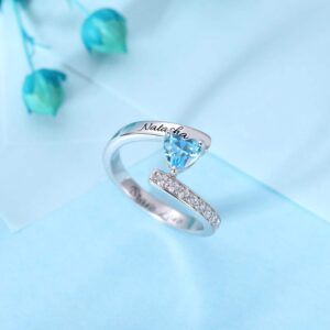 AILIN Heart Birthstone Rings With Name 925 Sterling Silver Crystal Custom Engraving Promise Rings Wedding Engagement Birthday Gifts For Her Women