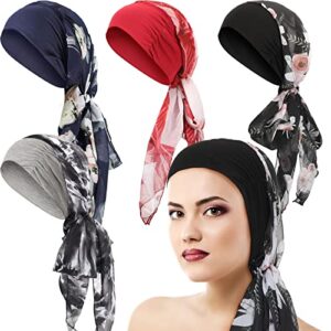 4 pieces headwear turban sleep beanie head scarf long hair head turbans for women (floral style)