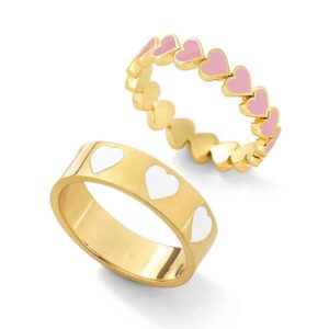 yooestores82 2pcs colorful heart ring gold band rings set for women couple cute love heart plain stackable finger rings wedding preppy jewelry gift