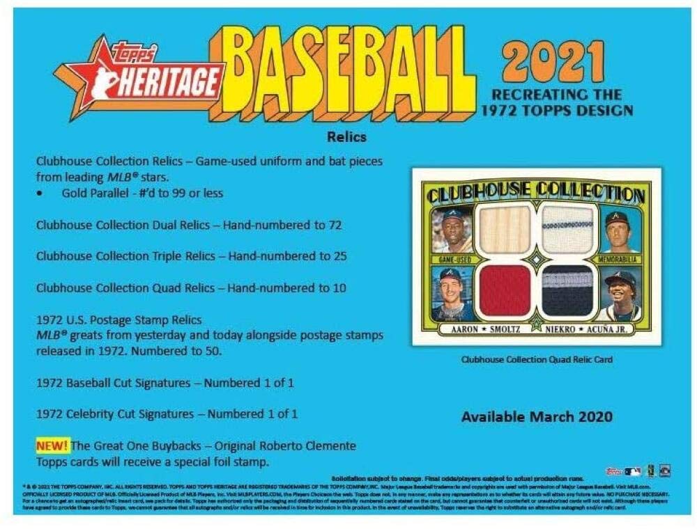 2021 Topps Heritage Baseball Factory Sealed Blaster Box 8 Packs of 9 Cards 72 Cards in All. CLASSIC 1972 VINTAGE TOPPS DESIGN Chase rookie cards of an Amazing Rookie Class such as Joe Adell, Alex Bohm, Casey Mize and Many More Blasters are my personal fav