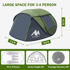 4 Person Pop Up Tents for Camping - AYAMAYA Waterproof Instant Family Tents with Skylight & Removable Rainfly, Upgraded Large Size with 2 Doors -Automatic Easy Setup Beach Tent with Poles