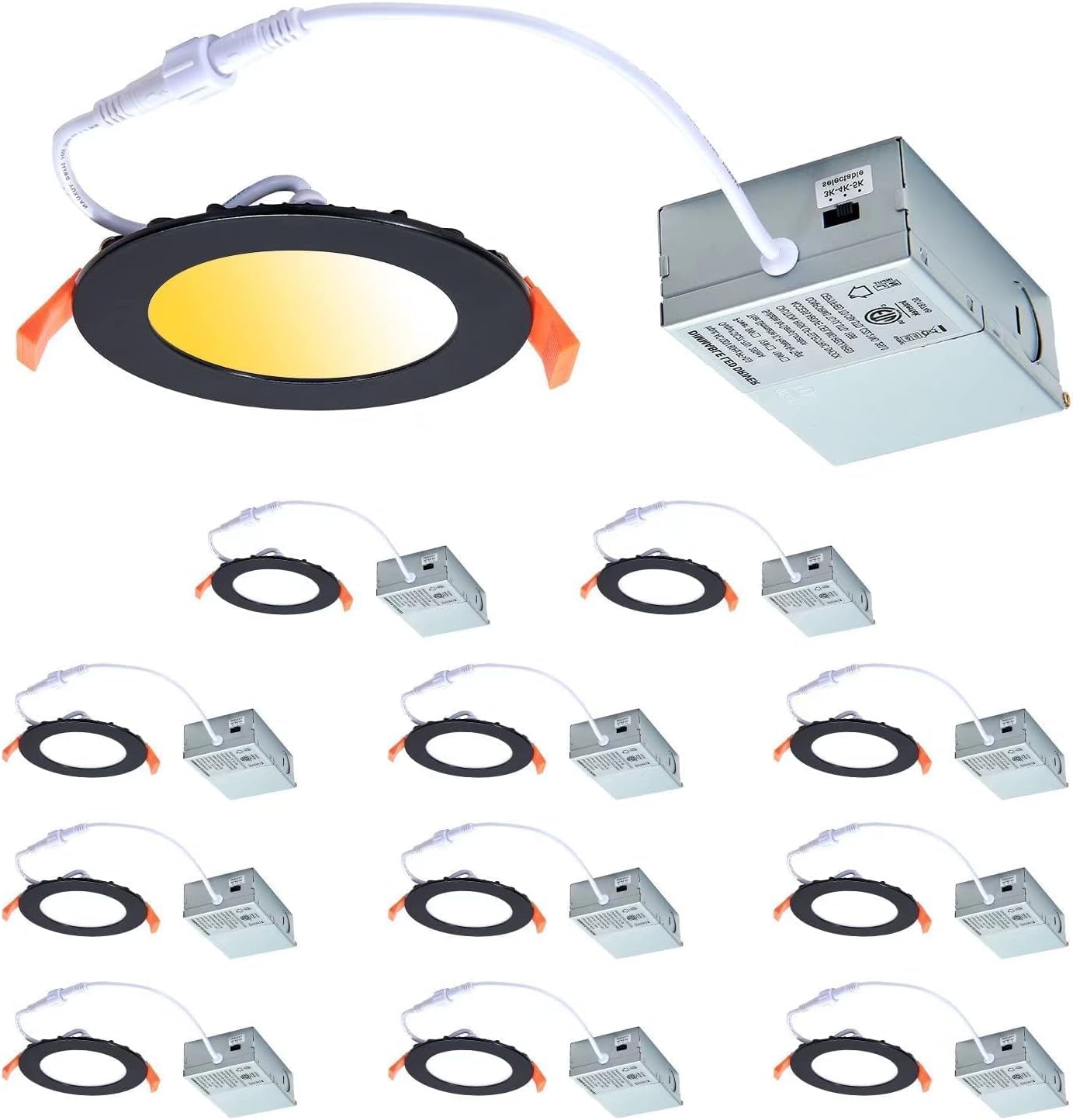 CycevSun 12 Pack Black Recessed Lights, Canless 4 Inch Soffit Wafer Lighting with Junction Box, Dimmable & 2700K 3000K 3500K 4000K 5000K Selectable, 9W, 120Vac, Wet & IC Rated, ETL