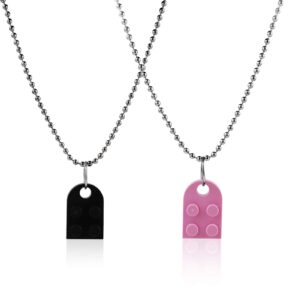 2Pcs Colorful Bricks Assembled Pendant Necklace, Heart Shape Matching Geometric Block Charms Compatible with Building Block Elements, Valentines Day Friendship Creative Jewelry Gift