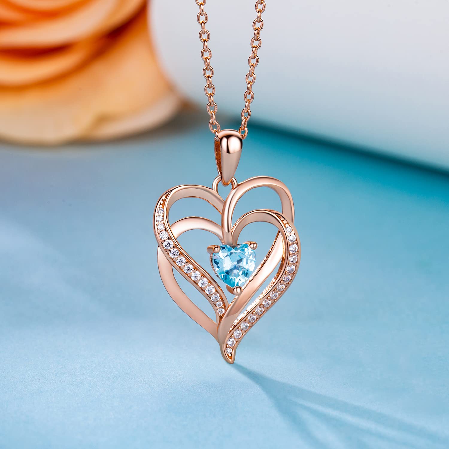 Love Heart Necklace for Women 925 Sterling Silver Gold Plated Birthstone Pendant Necklaces for Women with 5A Cubic Zirconia Valentine‘s Gift Birthday Gift for Mom Women Her (Z-Rose Gold-03-Mar)