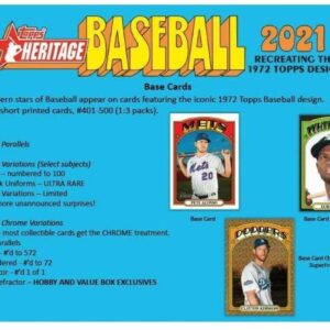 2021 Topps Heritage Baseball Factory Sealed Blaster Box 8 Packs of 9 Cards 72 Cards in All. CLASSIC 1972 VINTAGE TOPPS DESIGN Chase rookie cards of an Amazing Rookie Class such as Joe Adell, Alex Bohm, Casey Mize and Many More Blasters are my personal fav