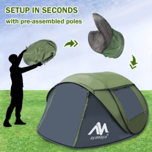 4 Person Pop Up Tents for Camping - AYAMAYA Waterproof Instant Family Tents with Skylight & Removable Rainfly, Upgraded Large Size with 2 Doors -Automatic Easy Setup Beach Tent with Poles