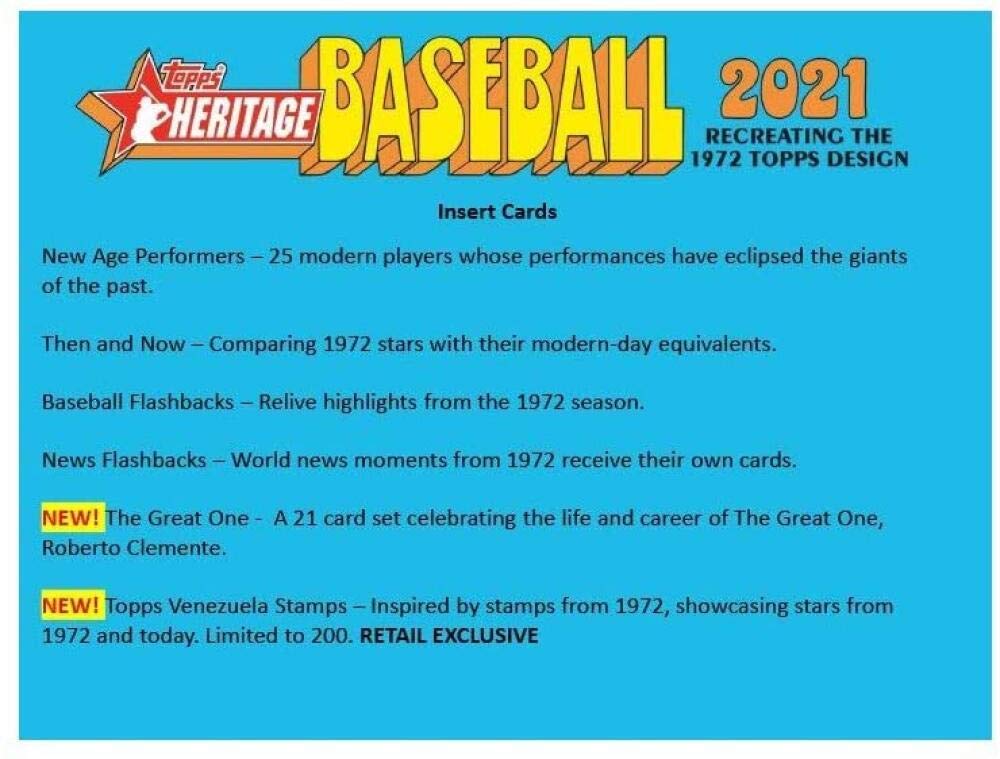 2021 Topps Heritage Baseball Factory Sealed Blaster Box 8 Packs of 9 Cards 72 Cards in All. CLASSIC 1972 VINTAGE TOPPS DESIGN Chase rookie cards of an Amazing Rookie Class such as Joe Adell, Alex Bohm, Casey Mize and Many More Blasters are my personal fav