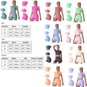 Women's Seamless Yoga Outfits 3 Pieces Workout Short Sleeve Crop Top + Camisole Tank Sports Bra + High Waisted Running Shorts Sets Activewear Athletic Fitness Tracksuit Gym Clothes Hot Pink Medium