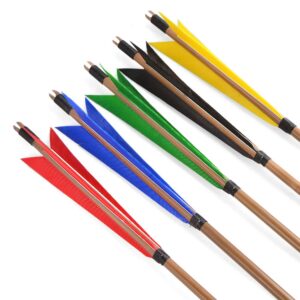 SHARROW 6 Pack 33 inch Traditional Bamboo Arrows Target Practice Arrow with 5 inch Tureky Feather and Broadheads for Recurve Bow Longbow (Blue)