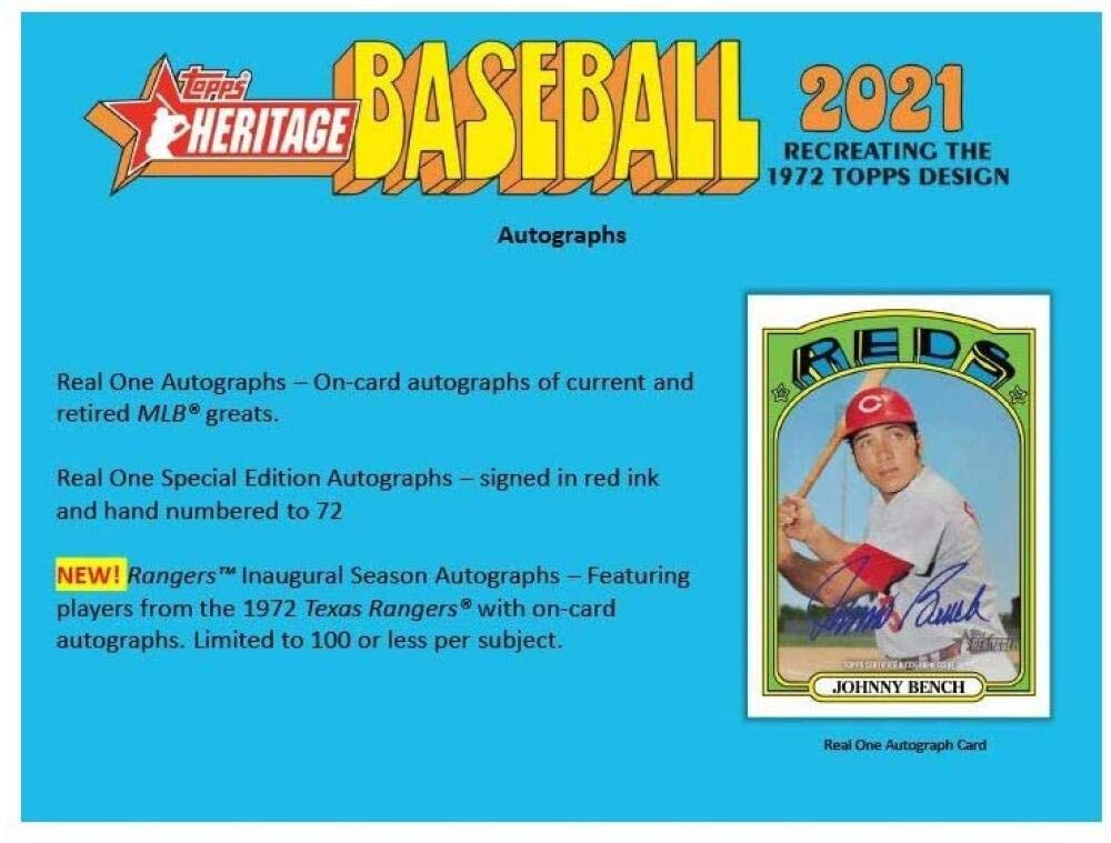 2021 Topps Heritage Baseball Factory Sealed Blaster Box 8 Packs of 9 Cards 72 Cards in All. CLASSIC 1972 VINTAGE TOPPS DESIGN Chase rookie cards of an Amazing Rookie Class such as Joe Adell, Alex Bohm, Casey Mize and Many More Blasters are my personal fav