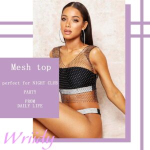 Wriidy Mesh Tank Top White Crystal Diamond Out See Through Crop Tops Black Sparkly Rhinestone Body Chain Accessories Jewelry for Women and Girls