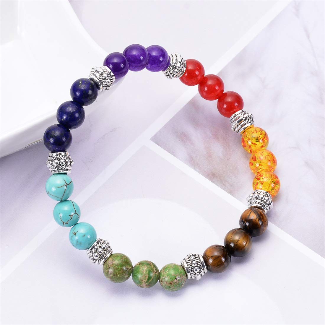 GelConnie 7 Chakra Bracelets Reiki Healing Crystal Stretch Bracelets Natural Gemstone Yoga Beads Bracelets Energy Balance Meditation Elastic Bracelets Anti Anxiety Relax Bangle for Women, Men