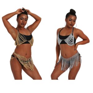 Sinkcangwu Womens Body Chain Suit Boho Rhinestone Bra Waist Belly Chain with Tassel Indian Dancing Skirt Dress for Party Halloween Costume Beach Bikini (Gold Metal)