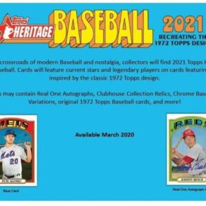 2021 Topps Heritage Baseball Factory Sealed Blaster Box 8 Packs of 9 Cards 72 Cards in All. CLASSIC 1972 VINTAGE TOPPS DESIGN Chase rookie cards of an Amazing Rookie Class such as Joe Adell, Alex Bohm, Casey Mize and Many More Blasters are my personal fav