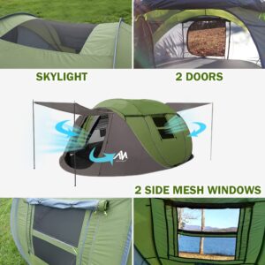 4 Person Pop Up Tents for Camping - AYAMAYA Waterproof Instant Family Tents with Skylight & Removable Rainfly, Upgraded Large Size with 2 Doors -Automatic Easy Setup Beach Tent with Poles