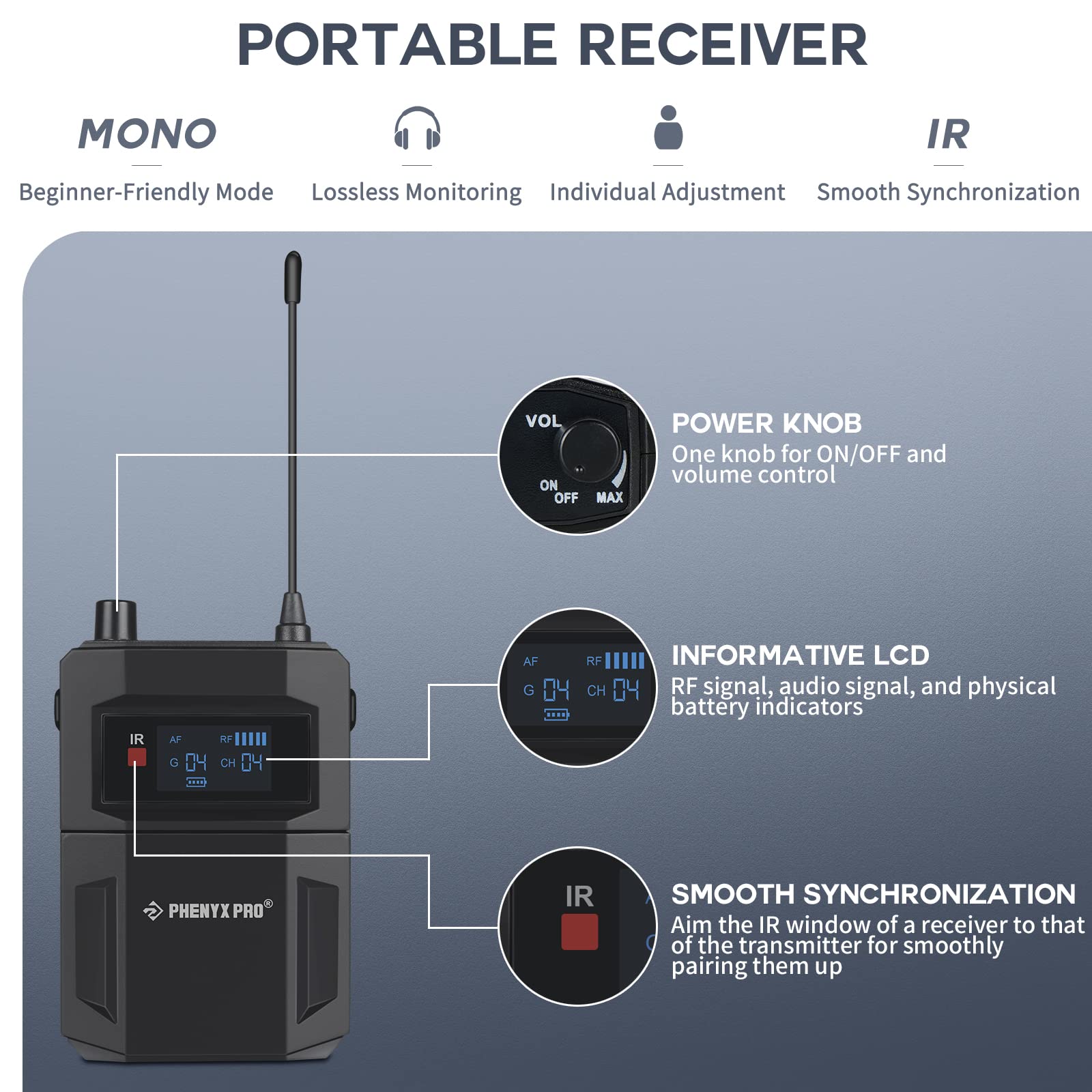 Phenyx Pro UHF Mono Dual Wireless in-Ear Monitor System, Metal Wireless IEM System, Sturdy Bodypack Receiver, 2x50 Frequencies, Separate Outputs,164ft Operation, Suitable for Band and Studio (PTM-22)