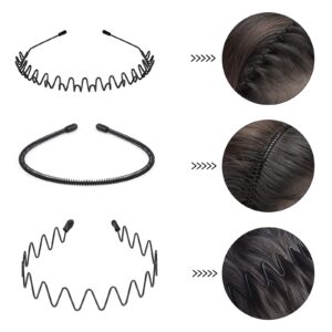 fenshine 6PCS Metal Hair Bands, Spring Wavy Hoop Unisex Black Headband Slicked Back Non Slip Sports Hairband for Women Men…