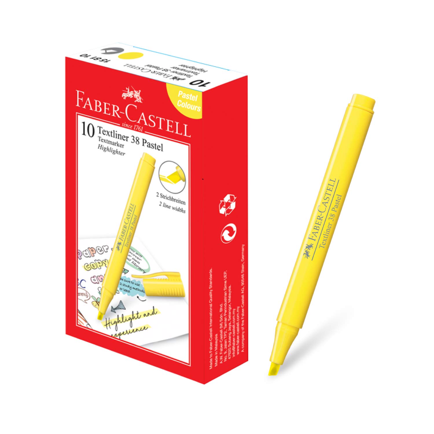 Faber-Castell Textliner 38 Pastel Highlighter Pen(Box of 10, Lemon) -2 Line Widths for broad and fine marking, Unique Soft Pastel Colors, Clipped Holder, Great Marking Performance For Adults & Kids