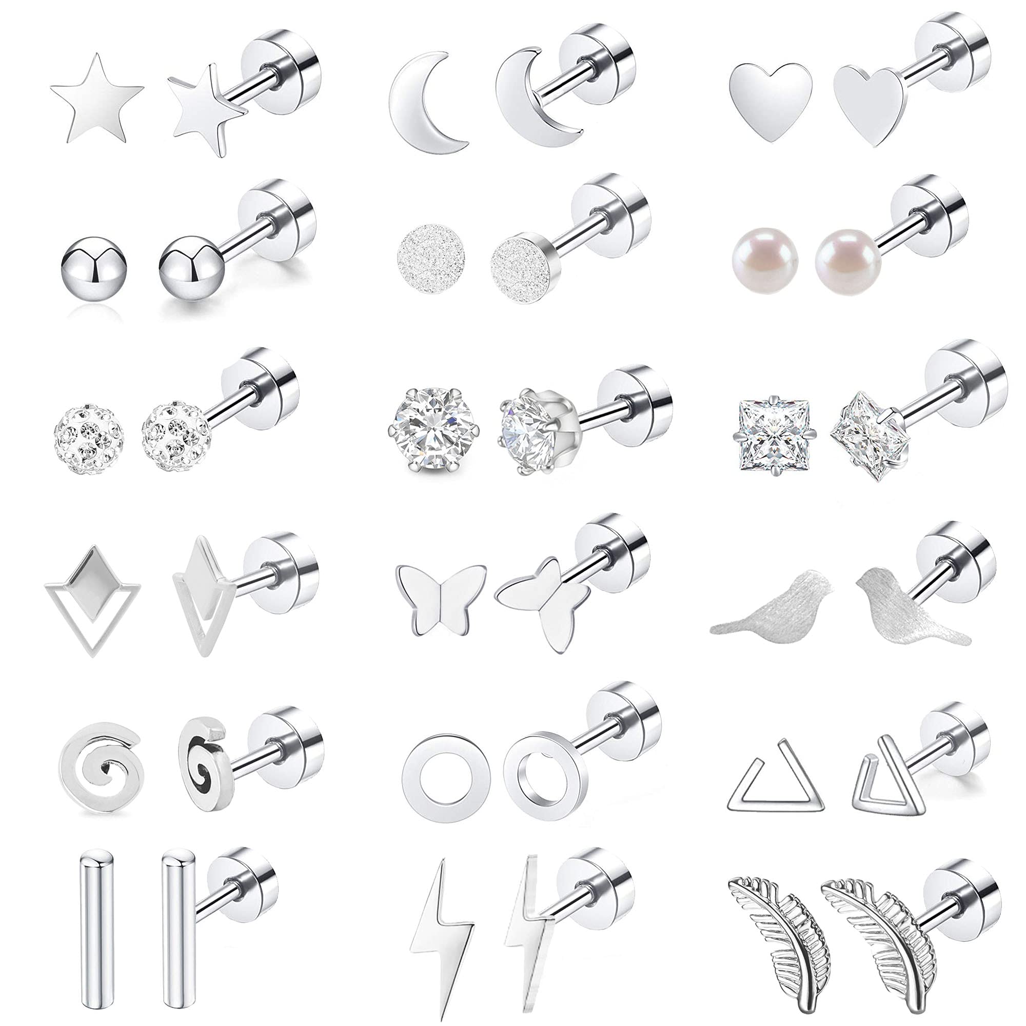 MJust 18 Pairs Stainless Steel Earring Set For Women Men 20G Cartilage Star Moon Triangle Circle Bar Heart Screwback Barbell Geometric Flatback Earrings Set Jewelry (Silver)