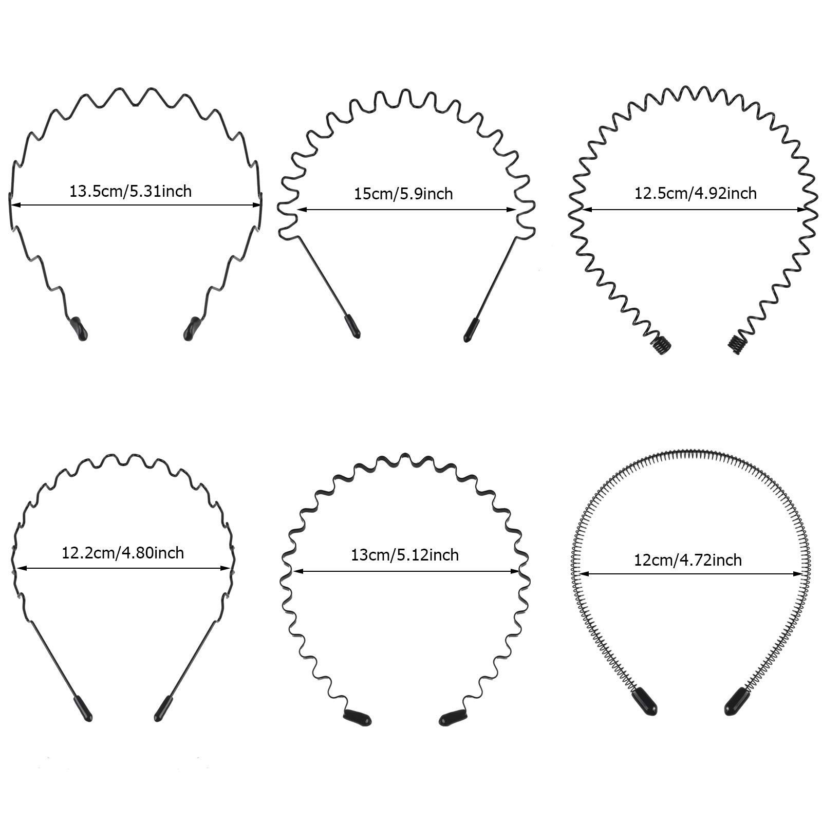 fenshine 6PCS Metal Hair Bands, Spring Wavy Hoop Unisex Black Headband Slicked Back Non Slip Sports Hairband for Women Men…