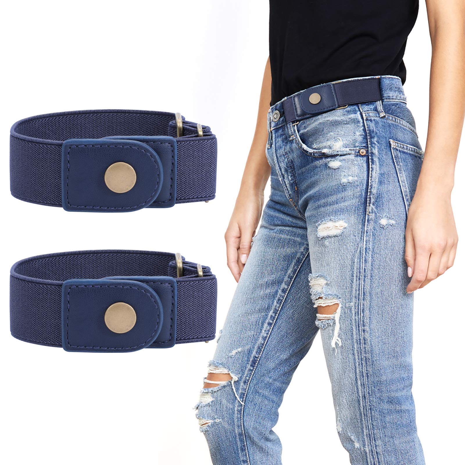 WERFORU 2 Pack No Buckle Elastic Belt for Women Men 2 Loop Stretch Buckle-Free Belt for Jeans Pants (blue, Fits 2 loop distance : 7"-14")