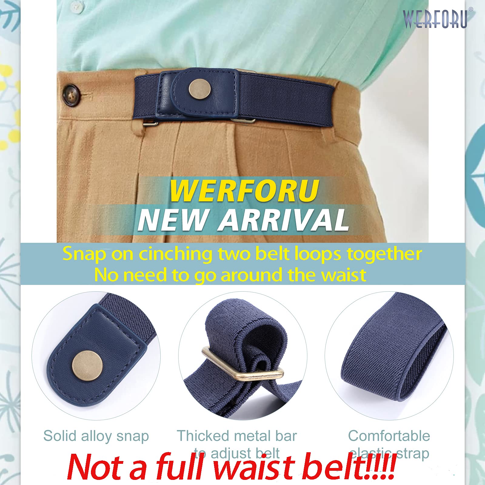 WERFORU 2 Pack No Buckle Elastic Belt for Women Men 2 Loop Stretch Buckle-Free Belt for Jeans Pants (blue, Fits 2 loop distance : 7"-14")