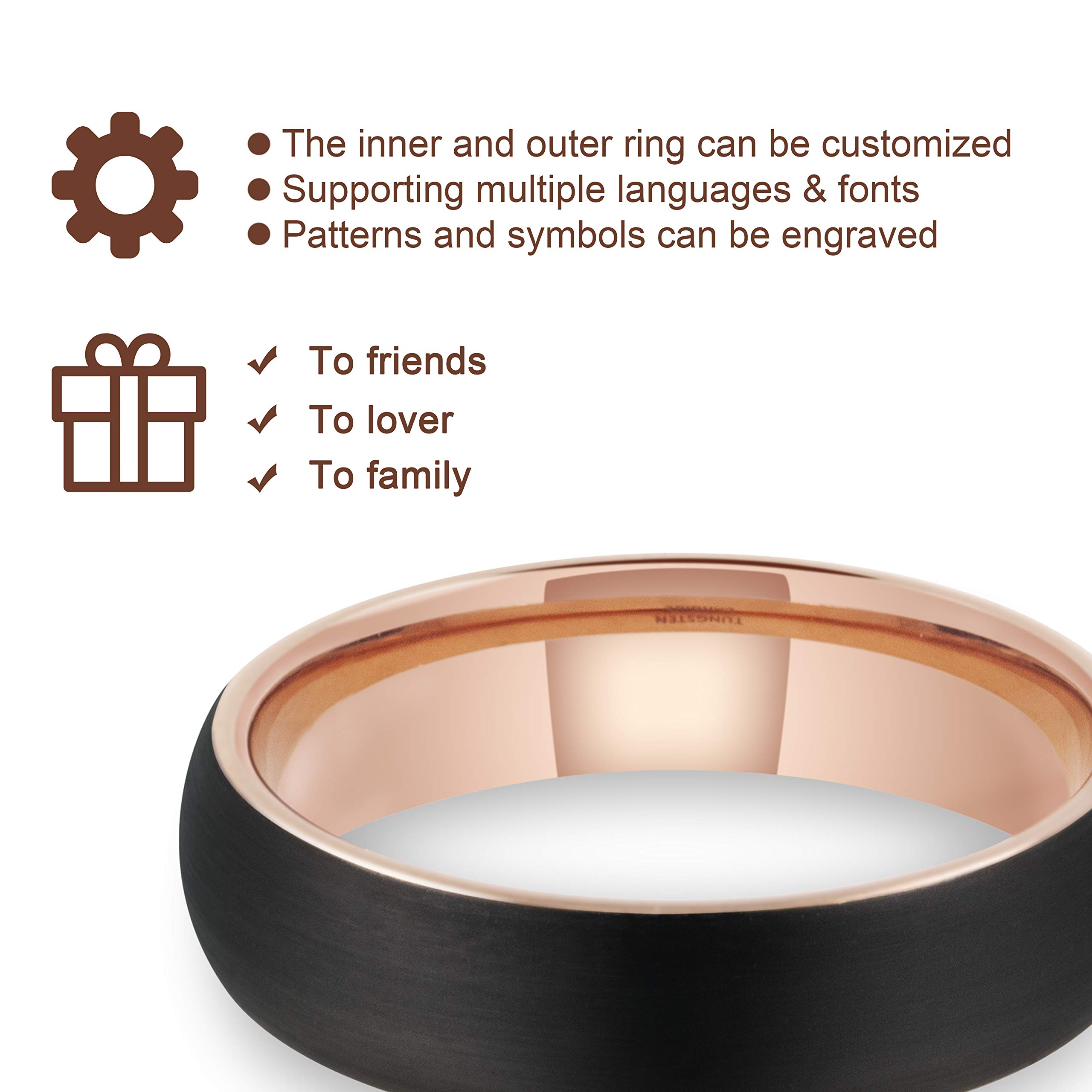 LerchPhi 6MM Tungsten Carbide Wedding Ring, Black Satin Finish and Rose Gold, Comfort Fit, Personalized Engraved Band for Anniversary