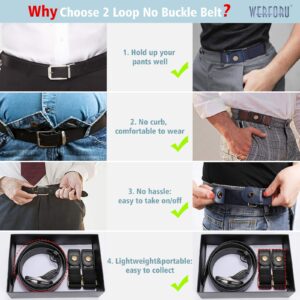 WERFORU 2 Pack No Buckle Elastic Belt for Women Men 2 Loop Stretch Buckle-Free Belt for Jeans Pants (blue, Fits 2 loop distance : 7"-14")